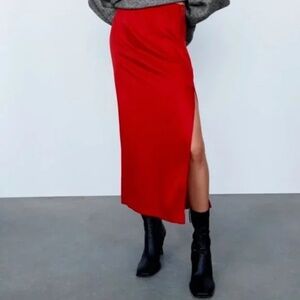 NWT - Zara - Red Satin Finish Midi Skirt with Side Slit - Size Medium